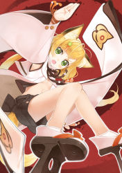 Rule 34 | :o, amamiya chiharu, androgynous, animal ears, bad id, bad pixiv id, blonde hair, blush, breasts, fang, flat chest, fox ears, fox tail, gender request, geta, green eyes, hair ornament, hairpin, highres, long hair, original, shorts, solo, tail, twintails, underboob, very long hair