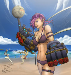 Rule 34 | 1boy, 3girls, abs, bikini, blue eyes, breasts, caitlyn (league of legends), cleavage, earrings, fizz (league of legends), front-tie top, hat, highres, jayce (league of legends), jewelry, jinx (league of legends), large breasts, league of legends, multiple girls, navel, parted lips, skirt, smile, swimsuit, vi (league of legends)