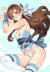 Rule 34 | 10s, alternate costume, armpit peek, arms up, bare shoulders, blush, breasts, brown eyes, brown hair, cleavage, codename47, hair ornament, hairclip, highres, idolmaster, idolmaster cinderella girls, japanese clothes, long hair, looking at viewer, nitta minami, parted lips, simple background, smile, solo, thighhighs, white thighhighs