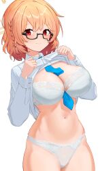 Rule 34 | 1girl, between breasts, black-framed eyewear, blonde hair, blue archive, blue necktie, blush, bra, braid, breasts, closed mouth, clothes lift, commentary, embarrassed, furrowed brow, glasses, highres, kotori (blue archive), large breasts, lifting own clothes, long sleeves, looking at viewer, navel, necktie, no pants, panties, red eyes, semi-rimless eyewear, shirt, shirt lift, short hair, simple background, single braid, solo, stomach, teardrop-framed glasses, under-rim eyewear, underwear, wavy mouth, white background, white bra, white panties, white shirt, whoning1