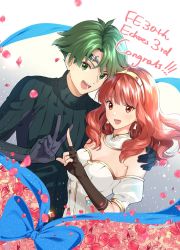 Rule 34 | 1boy, 1girl, alm (fire emblem), anniversary, black gloves, bow, breasts, celica (fire emblem), cleavage, detached collar, earrings, fingerless gloves, fire emblem, fire emblem echoes: shadows of valentia, flower, gloves, green eyes, green hair, hairband, highres, jewelry, long hair, misu kasumi, nintendo, open mouth, petals, red eyes, red hair, short hair, turtleneck, upper body