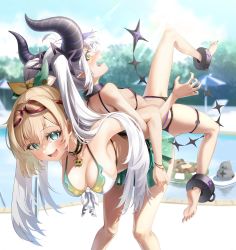 Rule 34 | 2girls, :d, ahoge, alternate breast size, ankle cuffs, back-to-back, bare arms, bare legs, barefoot, bikini, bikini skirt, black bikini, blonde hair, breasts, cleavage, collar, crow (la+ darknesss), demon horns, goggles, goggles on head, green eyes, hair between eyes, hair ribbon, halterneck, highres, hololive, horns, innertube, kazama iroha, kito koruta, la+ darknesss, large breasts, locked arms, long hair, looking at another, looking at viewer, multicolored hair, multiple girls, open mouth, pointy ears, pokobee, ponytail, purple hair, ribbon, small breasts, smile, streaked hair, string bikini, swim ring, swimsuit, tail, twintails, very long hair, virtual youtuber, white bikini, white hair, yellow eyes