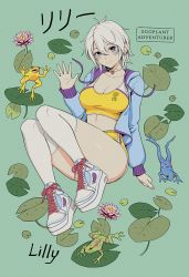 Rule 34 | 1girl, birthday, blue eyes, blue hoodie, blush stickers, borrowed character, breasts, character name, choker, cleavage, collarbone, frog, grey hair, hair between eyes, heart, heart choker, high tops, highres, hood, hoodie, large breasts, lily pad, long sleeves, looking at viewer, micro shorts, midriff, open clothes, open hoodie, original, platform footwear, sciamano240, shoes, short hair, shorts, smile, sneakers, sports bra, thighhighs, thighs, waving, white hair, white thighhighs