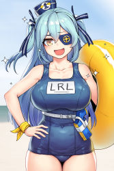 Rule 34 | 1girl, aged up, alternate breast size, belt, blue hair, blue one-piece swimsuit, blush, breasts, cain (gunnermul), collarbone, covered navel, cowboy shot, eyepatch, hair between eyes, hair ribbon, hand on own hip, hat, highres, innertube, large breasts, last origin, long hair, looking at viewer, lrl (last origin), name tag, one-piece swimsuit, open mouth, ribbon, school swimsuit, smile, solo, sparkle, swim ring, swimsuit, taut clothes, taut swimsuit, tight clothes, two side up, very long hair, water gun, white belt, wrist ribbon, yellow eyes, yellow ribbon