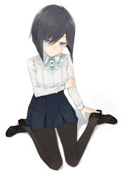 Rule 34 | 1girl, black hair, black pantyhose, blouse, breasts, collared shirt, from above, hayashi kewi, heterochromia, highres, looking at viewer, medium breasts, original, pantyhose, shirt, shoes, short hair, simple background, sitting, solo, white background, white shirt