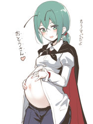 Rule 34 | 1girl, antennae, asutora, big belly, black cape, cape, green eyes, green hair, hair between eyes, looking at viewer, navel, open mouth, pregnant, shirt, short hair, simple background, smile, solo, touhou, translation request, white background, white shirt, wriggle nightbug