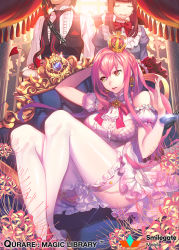Rule 34 | 1boy, 2girls, arm behind head, armchair, bad id, bad pixiv id, bare shoulders, between thighs, brooch, brown hair, butler, chain, chair, copyright name, crown, demon tail, detached sleeves, dissolving, dress, earrings, evening, closed eyes, flower, frilled dress, frilled legwear, frills, hair between eyes, hair down, head out of frame, jewelry, legs, crossed legs, lens flare, long hair, maid, multiple girls, necktie, official art, open mouth, orange eyes, pillow, pink dress, pink hair, puffy detached sleeves, puffy sleeves, qurare magic library, short dress, sidelocks, sitting, smile, solo focus, spider lily, tail, thighs, white legwear, xxinainaxx