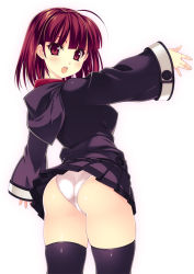 Rule 34 | 1girl, :o, ahoge, ass, black thighhighs, blush, hood, hoodie, kinoshita ichi, looking at viewer, looking back, open mouth, original, outstretched arm, panties, pantyshot, red eyes, red hair, short hair, simple background, skirt, solo, thighhighs, underwear, upskirt, white background, white panties, wide sleeves