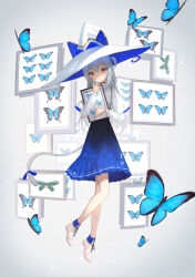 Rule 34 | 1girl, animal ear headwear, animal ears, blue butterfly, blue skirt, bug, butterfly, capelet, fake animal ears, full body, grey hair, hat, highres, holding, insect, long hair, looking at viewer, one side up, orange eyes, original, picture frame, pleated skirt, shirt, skirt, solo, white capelet, white footwear, white hat, white shirt, witch, witch hat, xyunx