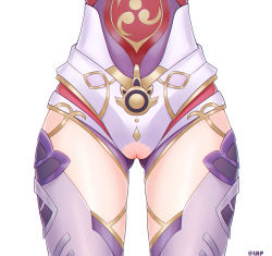 Rule 34 | 1girl, cameltoe, close-up, genshin impact, gluteal fold, highres, leotard, lhp, lower body, pussy, pussy peek, raiden shogun, simple background, thighhighs, thighs, uncensored, white background