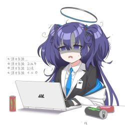 Rule 34 | 1girl, black gloves, black jacket, blue archive, blue necktie, can, collared shirt, computer, empty eyes, energy drink, gloves, hair between eyes, half gloves, halo, jacket, laptop, monster energy, necktie, o (rakkasei), off shoulder, parted bangs, purple eyes, purple hair, shaded face, shirt, simple background, solo, translation request, trembling, two side up, white background, white jacket, white shirt, yuuka (blue archive)