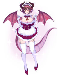 Rule 34 | 1girl, absurdres, ahoge, alternate costume, amano haruka (sakogamitokuan), apron, bad id, bad pixiv id, blush, breasts, cleavage, commentary request, dragon girl, dragon horns, dragon tail, elbow gloves, enmaided, garter straps, gloves, granblue fantasy, grea (shingeki no bahamut), hair ornament, hairclip, highres, horns, large breasts, maid, maid headdress, open mouth, pointy ears, purple hair, red eyes, red footwear, solo, tail, thighhighs, waist apron, white background, white gloves, white thighhighs, zettai ryouiki