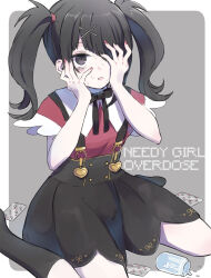 Rule 34 | 1girl, ame-chan (needy girl overdose), bags under eyes, black eyes, black hair, black nails, black ribbon, black skirt, black socks, collar, collared shirt, copyright name, hair ornament, hair over one eye, hair tie, hairclip, hands on own face, highres, looking at viewer, multicolored nails, neck ribbon, needy girl overdose, open mouth, pill, pill bottle, red nails, red shirt, ribbon, shimamizu eke, shirt, shirt tucked in, sitting, skirt, socks, solo, suspender skirt, suspenders, sweatdrop, twintails, white collar, x hair ornament