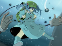 Rule 34 | 1girl, backpack, bag, between breasts, blue eyes, blue footwear, blue hair, boots, bow, breasts, bubble, dress, emanon (ice), extra arms, full body, gears, hair bobbles, hair bow, hair ornament, hat, kawashiro nitori, key, large breasts, long sleeves, looking at viewer, matching hair/eyes, mechanical arms, pocket, rubber boots, shirt, short hair, single mechanical arm, skirt, skirt set, solo, strap between breasts, touhou, twintails, two side up, underwater, wet, wet clothes, wrench