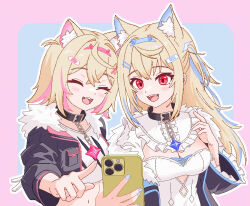 Rule 34 | 2girls, :d, ^ ^, animal ear fluff, animal ears, black jacket, blonde hair, blue hair, breasts, cellphone, closed eyes, collar, commentary, cropped jacket, cropped shirt, dog ears, dog girl, frilled sleeves, frills, fuwawa abyssgard, fuwawa abyssgard (1st costume), gori wakamaru, highres, hololive, hololive english, jacket, large breasts, long hair, long sleeves, mococo abyssgard, mococo abyssgard (1st costume), multicolored hair, multiple girls, navel, open clothes, open jacket, open mouth, phone, pink hair, pixel art, red eyes, shirt, short hair, small breasts, smartphone, smile, stomach, two-tone hair, virtual youtuber, white shirt, wide sleeves