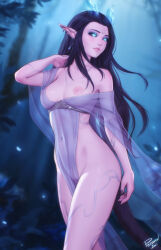 Rule 34 | 1girl, artist name, black hair, black sclera, blue eyes, body markings, breasts, cleft of venus, colored sclera, dress, earrings, facial mark, highres, jewelry, lips, long hair, looking to the side, medium breasts, navel, nipples, off shoulder, original, pelvic curtain, personal ami, pointy ears, pussy, see-through, see-through dress, solo, tail, uncensored