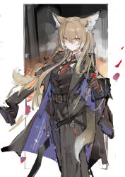 1girl absurdres animal_ears arknights black_coat black_jacket brown_hair closed_mouth coat coat_on_shoulders collared_shirt facial_scar feet_out_of_frame hair_between_eyes highres jacket jumbowhopper light_smile long_hair looking_at_viewer multicolored_hair necktie orange_eyes purple_coat red_necktie scar scar_on_cheek scar_on_face shirt sketch solo standing streaked_hair two-sided_coat two-sided_fabric vulpisfoglia_(arknights) white_hair white_shirt wind