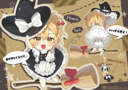 Rule 34 | 1girl, apron, arm up, arrow (symbol), artist name, back, black dress, black footwear, black hat, black skirt, black vest, blonde hair, blush, bow, braid, broom, broom riding, brown background, buttons, chibi, commentary request, dress, english text, fallen down, falling, flying, frills, hair between eyes, hair bow, hand on headwear, hand up, hat, hat bow, jill 07km, kirisame marisa, long hair, looking at viewer, open mouth, pants, puffy short sleeves, puffy sleeves, red bow, shirt, shoes, short sleeves, single braid, skirt, smile, socks, solo, star (symbol), touhou, translation request, vest, white bow, white pants, white shirt, white sleeves, white socks, witch hat, yellow eyes