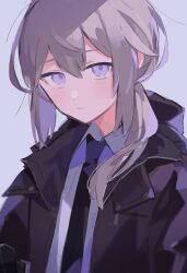 Rule 34 | 1girl, black coat, black necktie, closed mouth, coat, collared shirt, expressionless, girls&#039; frontline, grey hair, hair between eyes, hair over shoulder, highres, looking at viewer, m200 (girls&#039; frontline), medium hair, necktie, open clothes, open coat, ponytail, purple eyes, shirt, sidelocks, simple background, solo, tarouoga, upper body, white background, white shirt