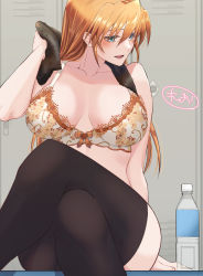 Rule 34 | 1girl, absurdres, black thighhighs, blue eyes, blush, bottle, bra, breasts, cleavage, collarbone, frilled bra, frills, highres, large breasts, leonis g, lingerie, long hair, looking to the side, lyrical nanoha, mahou shoujo lyrical nanoha strikers, open mouth, orange hair, sitting, solo, sweat, teana lanster, thighhighs, underwear