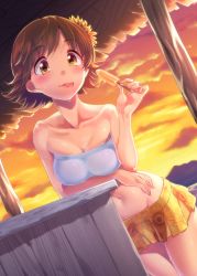 Rule 34 | 1girl, absurdres, blurry, blush, breasts, brown eyes, brown hair, cleavage, collarbone, depth of field, female focus, floral print, food, hakkaku shikimi, highres, holding, holding food, looking at viewer, medium breasts, midriff, navel, original, popsicle, short hair, sky, smile, solo, standing, strapless, sunset, sweat, tongue, tongue out, tube top, white tube top, yellow sky