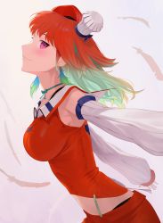 Rule 34 | absurdres, bare shoulders, bow choker, breasts, chef hat, closed mouth, cowboy shot, detached sleeves, earrings, feather earrings, feathers, from side, glow (user hnpv7785), gradient hair, hat, highres, hololive, hololive english, jewelry, large breasts, long hair, looking at viewer, midriff peek, multicolored hair, orange hair, orange headwear, orange shirt, outstretched arms, profile, purple eyes, shirt, sideways glance, simple background, skirt, smile, suspender skirt, suspenders, takanashi kiara, virtual youtuber