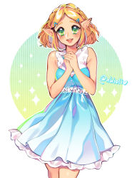 Rule 34 | 1girl, bare shoulders, blonde hair, blue dress, blush, buttons, dress, green eyes, hair ornament, hairclip, highres, inioli, md5 mismatch, nintendo, own hands clasped, own hands together, pointy ears, princess zelda, short hair, simple background, solo, the legend of zelda, the legend of zelda: breath of the wild, the legend of zelda: tears of the kingdom