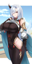 Rule 34 | 1girl, absurdres, arm guards, blue eyes, bodysuit, breasts, bridal gauntlets, cape, chinese clothes, closed mouth, clothes lift, clothing cutout, covered navel, cowboy shot, detached sleeves, genshin impact, gold trim, groin, hair ornament, hair over one eye, highres, hip focus, hip vent, kanta (kanta 077), large breasts, lifted by self, long hair, looking at viewer, shenhe (genshin impact), shirt lift, silver hair, smile, solo, standing, tassel, very long hair