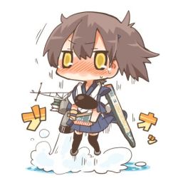 Rule 34 | 10s, 1girl, arrow (projectile), bad id, bad twitter id, black thighhighs, blush, brown eyes, brown hair, chibi, flight deck, gloves, japanese clothes, kaga (kancolle), kantai collection, lowres, muneate, partially fingerless gloves, partly fingerless gloves, quiver, rebecca (keinelove), short hair, side ponytail, single glove, skirt, solo, sweat, thighhighs, water, yellow eyes, yugake