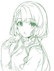 Rule 34 | 1girl, :t, asymmetrical bangs, bow, braid, braided bangs, breasts, collarbone, eating, food, green theme, hair bow, highres, hisakawa nagi, holding, holding food, idolmaster, idolmaster cinderella girls, looking at viewer, monochrome, simple background, small breasts, solo, sweater, tottoto tomekichi, twintails, upper body