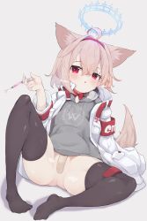 Rule 34 | 1girl, ahoge, animal ear fluff, animal ears, arm support, arm up, bandaid, bandaid on pussy, black thighhighs, bottomless, breath, commission, cross, feet, grey background, hair between eyes, hairband, halo, highres, holding, holding syringe, hood, hood down, hoodie, jacket, leg up, light blush, long sleeves, neck ribbon, red eyes, red ribbon, ribbon, sidelocks, simple background, sitting, skeb commission, solo, syringe, tail, teranekosu, thighhighs, thighs, vrchat