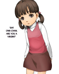 Rule 34 | 1girl, atlus, brown eyes, brown hair, child, doujima nanako, e10, hair ribbon, hard-translated, open mouth, parted lips, persona, persona 4, ribbon, shin megami tensei, short twintails, skirt, solo, standing, third-party edit, translated, turtleneck, twintails