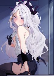 Rule 34 | 1girl, ahoge, black gloves, black skirt, black thighhighs, blue archive, blush, breasts, feet out of frame, flashing, gloves, grey hair, hair ornament, hairclip, highres, hina (blue archive), horns, long hair, looking at viewer, looking to the side, low wings, miniskirt, nipples, open clothes, open shirt, parted lips, purple eyes, shirt, shirt tucked in, side slit, sitting, skirt, sleeveless, sleeveless shirt, small breasts, solo, sweat, thighhighs, uno ryoku, wings