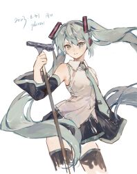 Rule 34 | 1girl, absurdres, aqua eyes, aqua hair, aqua necktie, bare shoulders, black skirt, black sleeves, black thighhighs, collared shirt, cowboy shot, dated, detached sleeves, hair ornament, hatsune miku, highres, holding, holding microphone stand, long hair, long sleeves, looking at viewer, microphone, microphone stand, necktie, parted lips, shirt, simple background, skirt, smile, solo, thighhighs, twintails, very long hair, vocaloid, white background, white shirt, xuemen