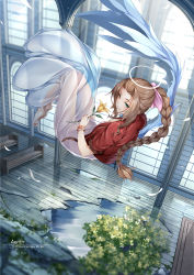 Rule 34 | 1girl, absurdres, aerith gainsborough, angel, barefoot, bow, braid, braided ponytail, brown hair, buster sword, church, cropped jacket, d. joko, dress, drill hair, feathered wings, feathers, feet, final fantasy, final fantasy vii, final fantasy vii remake, flower, green eyes, halo, highres, holding, holding flower, jacket, long dress, looking at viewer, pink bow, pink dress, red jacket, side drill, square enix, tri drills, wings