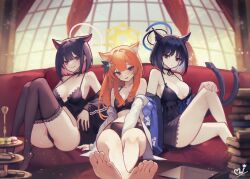 Rule 34 | 3girls, animal ears, arm between legs, babydoll, bare legs, barefoot, black babydoll, black bra, black chemise, black hair, black jacket, black panties, black thighhighs, blue archive, blush, book, book stack, bra, breasts, cake, cake slice, cat ears, cat tail, couch, egg tart, food, halo, hand on own knee, haori, highres, indoors, jacket, jacket partially removed, japanese clothes, kazusa (blue archive), kikyou (blue archive), knee up, knees up, lingerie, looking at viewer, macaron, mari (blue archive), medium breasts, mellow (srpp4843), multicolored hair, multiple girls, multiple tails, on couch, orange hair, panties, pink hair, shirt, shirt partially removed, signature, sitting, smile, soles, tail, thighhighs, tiered tray, toes, two-tone hair, underwear, white shirt