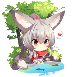 Rule 34 | 1girl, :t, absurdres, animal, animal ear fluff, animal ears, barefoot, chibi, closed mouth, commentary request, dated, eating, fish, food, fox ears, fox girl, fox tail, fruit, grey hair, hair between eyes, heart, high ponytail, highres, holding, holding food, japanese clothes, kimono, long hair, long sleeves, obi, original, ponytail, red eyes, sash, sidelocks, sitting, solo, spoken heart, sweat, tail, tree, very long hair, water, watermelon, white background, white kimono, wide sleeves, yuuji (yukimimi)