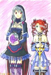 Rule 34 | 2girls, amy sorel, artist name, bad id, bad pixiv id, bare shoulders, breasts, choker, claw (weapon), cleavage, detached sleeves, drill hair, frills, garter straps, gem, gothic lolita, green eyes, grey hair, hair over one eye, hood, jewelry, kagiake, lolita fashion, marker (medium), multiple girls, necklace, orb, pearl (gemstone), rapier, red eyes, red hair, skirt, soul calibur, soulcalibur, soulcalibur iii, soulcalibur iv, soulcalibur v, sword, thighhighs, traditional media, twin drills, twintails, viola (soulcalibur), weapon