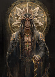 Rule 34 | 1boy, absurdres, angel, azik eggers, bare pectorals, black hair, black robe, chinese commentary, choker, commentary request, crown, dark, dark skin, earrings, gold, halo, highres, jewelry, lips, long hair, long sleeves, looking at viewer, lord of the mysteries, lunara, necklace, pectorals, ring, robe, scepter, snake, solo, yellow eyes