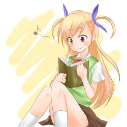 Rule 34 | 00s, 1girl, blonde hair, bow, bowtie, green eyes, heterochromia, kneehighs, lyrical nanoha, mahou shoujo lyrical nanoha, mahou shoujo lyrical nanoha strikers, musical note, reading, red bow, red bowtie, red eyes, shirt, short sleeves, simple background, socks, solo, two side up, vest, vivio, white shirt, white socks, yellow background