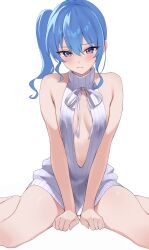Rule 34 | 1girl, absurdres, arms between legs, bare shoulders, blue eyes, blue hair, blush, breasts, breasts apart, center opening, closed mouth, cowboy shot, dot nose, fawny, furrowed brow, hair between eyes, highres, hololive, hoshimachi suisei, legs apart, long hair, looking at viewer, medium breasts, meme attire, no pants, ribbed sweater, side ponytail, sidelocks, simple background, sitting, sleeveless, sleeveless sweater, solo, sweater, turtleneck, turtleneck sweater, virgin killer sweater, virtual youtuber, wariza, white background, white sweater