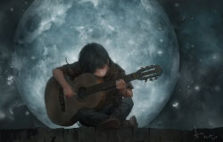 Rule 34 | 1boy, black hair, child, commentary, english commentary, guitar, highres, holding, holding instrument, instrument, leekent, male focus, moon, music, night, night sky, original, outdoors, playing instrument, sitting, sky, solo, star (sky), traditional media
