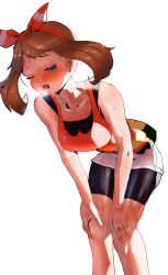 Rule 34 | 1girl, absurdres, bare arms, bike shorts, bike shorts under shorts, blouse, blue eyes, blush, bow hairband, breasts, brown hair, choutea, collarbone, commentary, creatures (company), eyelashes, fanny pack, game freak, hairband, half-closed eye, hands on own knees, highres, large breasts, leaning forward, looking down, may (pokemon), medium hair, nintendo, one eye closed, pokemon, pokemon oras, red hairband, shirt, short shorts, shorts, sleeveless, sleeveless shirt, solo, sweat, white background, white shorts, yellow bag