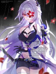 Rule 34 | 1girl, acheron (honkai: star rail), armor, bandaged leg, bandages, belt, black background, black belt, black choker, black gloves, black shirt, black shorts, breasts, bright pupils, chain, chain around arm, chinese commentary, choker, cleavage, coat, coattails, collarbone, commentary request, cowboy shot, criss-cross halter, crop top, earrings, flower, gloves, gradient hair, hair flower, hair intakes, hair ornament, halterneck, highres, holding, holding sword, holding weapon, honkai: star rail, honkai (series), jewelry, kelebing, large breasts, lofter username, long hair, looking at viewer, midriff, multicolored hair, official alternate color, parted lips, partial commentary, purple hair, rain, red eyes, red flower, shirt, shorts, shoulder armor, sidelocks, single bare shoulder, single wide sleeve, solo, standing, sword, thighs, very long hair, weapon, white coat, white hair, white pupils