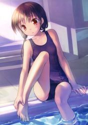 1girl :o absurdres barefoot breasts brown_eyes brown_hair feet female_focus hands_on_feet highres long_hair low_twintails one-piece_swimsuit open_mouth original pool poolside scan school_swimsuit sitting small_breasts soaking_feet solo swimsuit takoyaki_(roast) toes twintails water