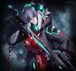 Rule 34 | 1girl, aisurin1st, android, black gloves, black jacket, bodysuit, breasts, character name, cyberpunk, gloves, grey hair, holding, holding sword, holding weapon, jacket, katana, large breasts, looking at viewer, medium hair, red bodysuit, slit pupils, solo, sword, virtual youtuber, vshojo, weapon, yellow eyes, zentreya, zentreya (cyborg), zentreya (cyborg) (1st costume)