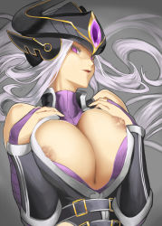 Rule 34 | 1girl, bare shoulders, breasts, cleavage, grey background, highres, kumiko shiba, large breasts, league of legends, long hair, nipples, parted lips, purple eyes, silver hair, simple background, solo, syndra