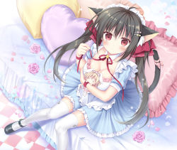 Rule 34 | 2girls, = =, absurdres, animal ears, bed sheet, bell, black footwear, black hair, blonde hair, blue dress, bow, breasts, cat ears, cat girl, cat tail, cleavage, closed eyes, collar, commentary request, detached collar, dress, flower, frilled dress, frilled pillow, frilled skirt, frills, hair between eyes, hair bow, has bad revision, has downscaled revision, heart, heart-shaped pillow, highres, jingle bell, korie riko, large breasts, long hair, maid headdress, mary janes, md5 mismatch, mini person, minigirl, multiple girls, original, petals, pillow, pink flower, pink rose, pink skirt, rabbit ears, red bow, red eyes, red ribbon, resolution mismatch, ribbon, rose, rose petals, shoes, skirt, source smaller, striped clothes, striped dress, tail, thighhighs, twintails, vertical-striped clothes, vertical-striped dress, very long hair, white collar, white legwear, wing collar