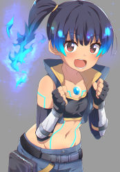 Rule 34 | 1girl, blue eyes, brown hair, chest jewel, commentary request, fiery hair, fingerless gloves, gloves, glowing lines, highres, midriff, navel, open mouth, sena (xenoblade), short shorts, shorts, shoulder strap, side ponytail, solo, sports bra, sw (taco), xenoblade chronicles (series), xenoblade chronicles 3