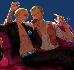 Rule 34 | 2boys, absurdres, alcohol, blonde hair, couch, cup, doughnut, drinking glass, facial hair, feeding, food, green hair, highres, holding, holding cup, crossed legs, looking at another, male focus, multiple boys, one piece, open clothes, open shirt, roronoa zoro, sanji (one piece), sitting, smirk, yaoi, yuu shishio